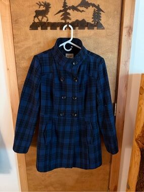 Old Navy Blue and Black Plaid Coat with Stand Collar